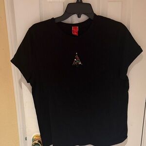 Black T-Shirt with Festive Tree Design